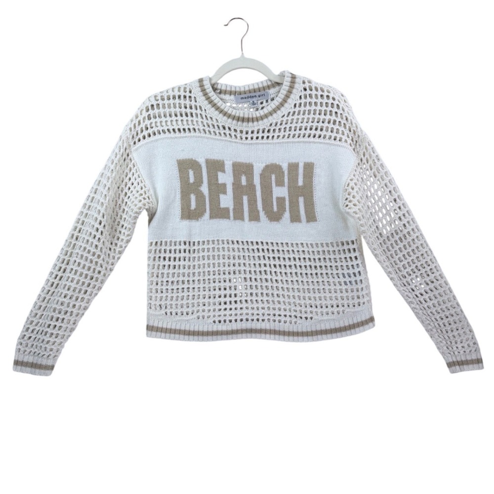 Madden Girl Sweater Women Small White Tan BEACH Open Knit Crochet Mesh RAH9090